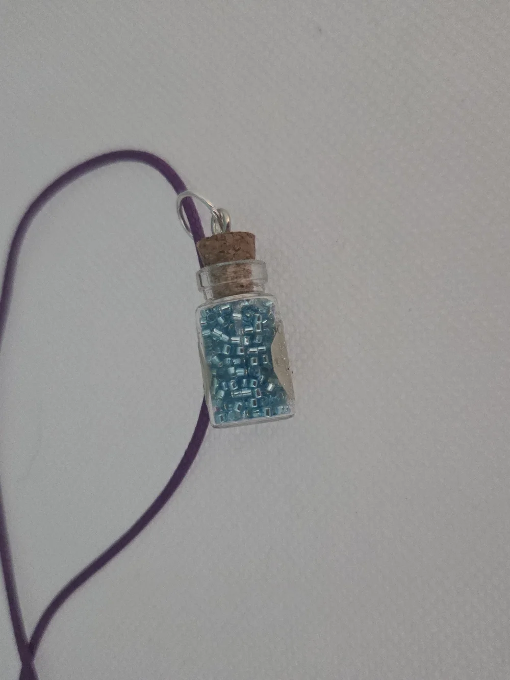 4/$15 Handmade Blue Bottle Pendant Necklace on Purple Cord 